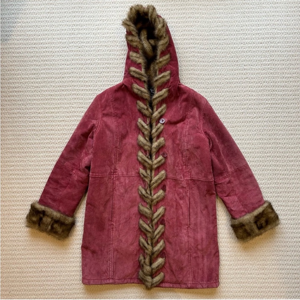 Dennis Basso Cranberry Suede Faux Fur Hooded Coat - Picture 15 of 15